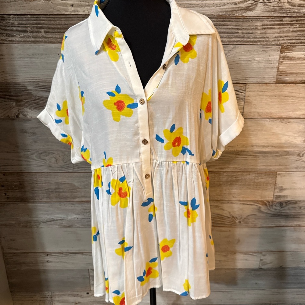 JODIFL White Floral Button-Front Blouse with Yellow & Blue Print